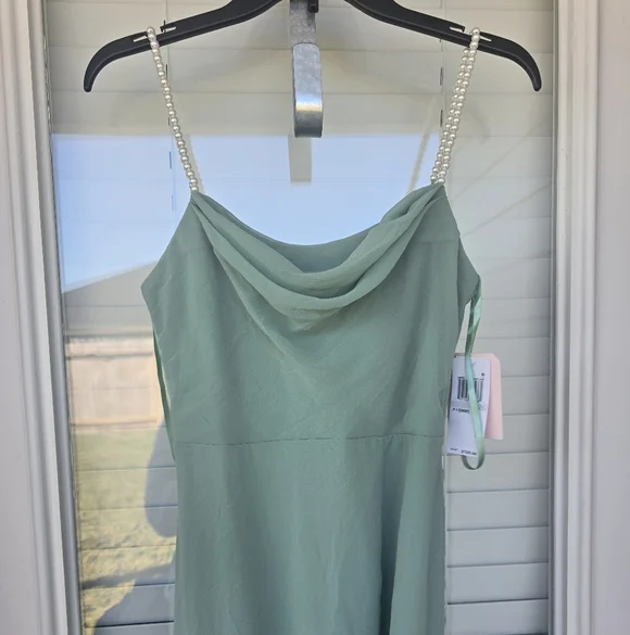 City Studio Elegant Teal Maxi Dress  Sz 1 Pearl Sleeve Cowl Neck Slit  Holiday - Picture 5 of 16